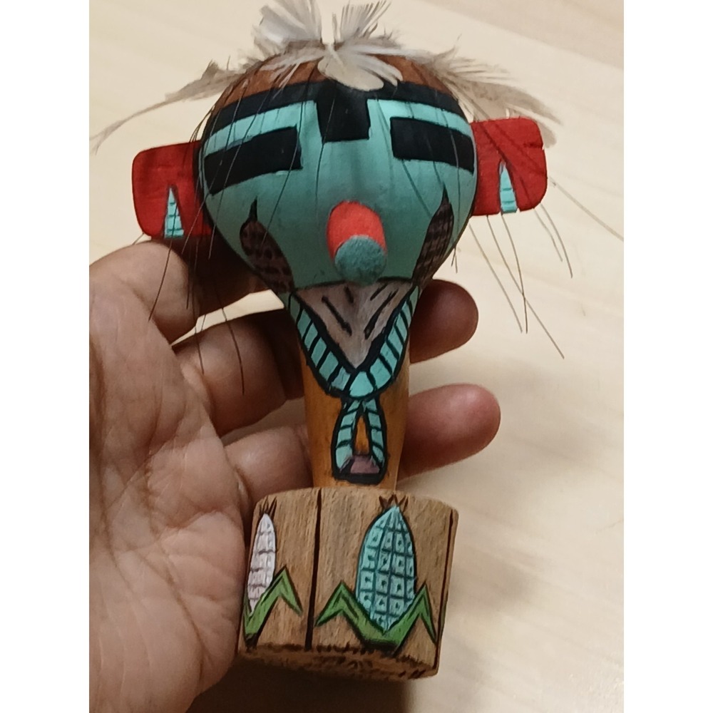Vintage Hopi Corn Boy Kachina Dance Rattle Signed Saddleblanket Two Faced Shaker - Picture 9 of 16